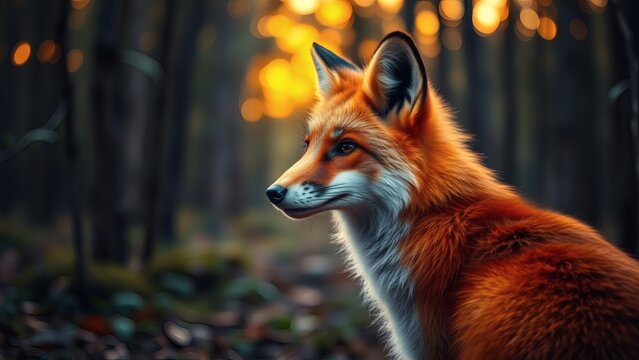 Majestic red fox in autumn forest at sunset warm golden light blurred background - Powered by Adobe
