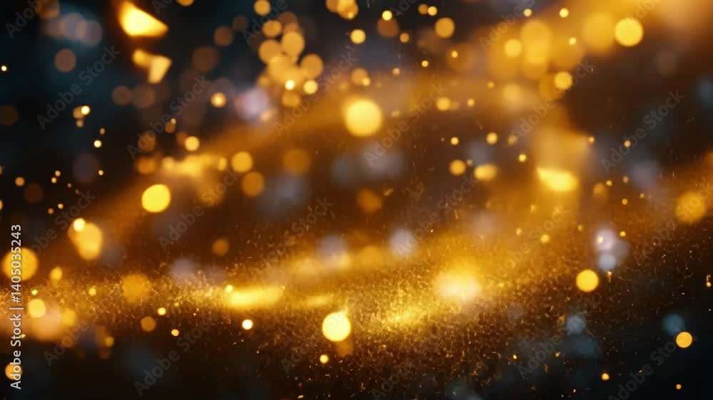 Poster mesmerizing display of golden particles swirling in dark background, creating enchanting atmosphere 