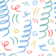 Birthday kids lines seamless pattern. Squiggle crayon line geometric party endless background. Fun confetti party repeat cover. Surface pattern design festive motif. Vector hand drawn illustration.