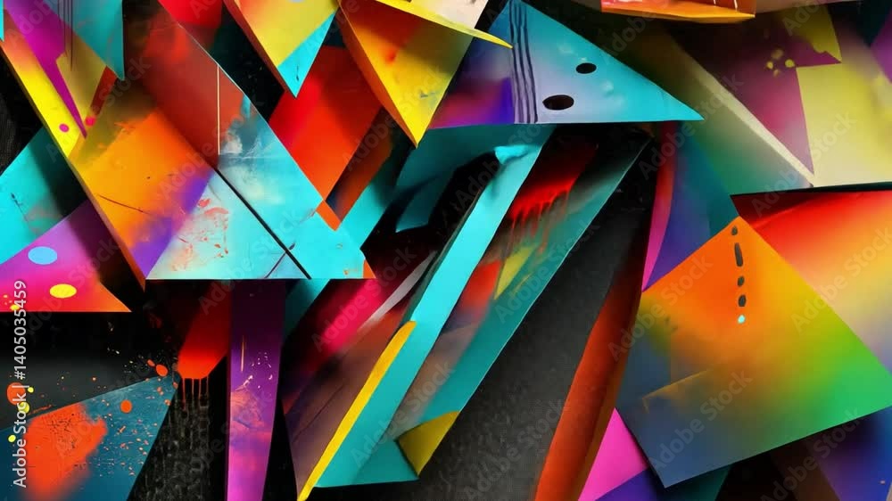 Poster vibrant abstract art colorful composition of geometric shapes and triangles, evoking creativity thro