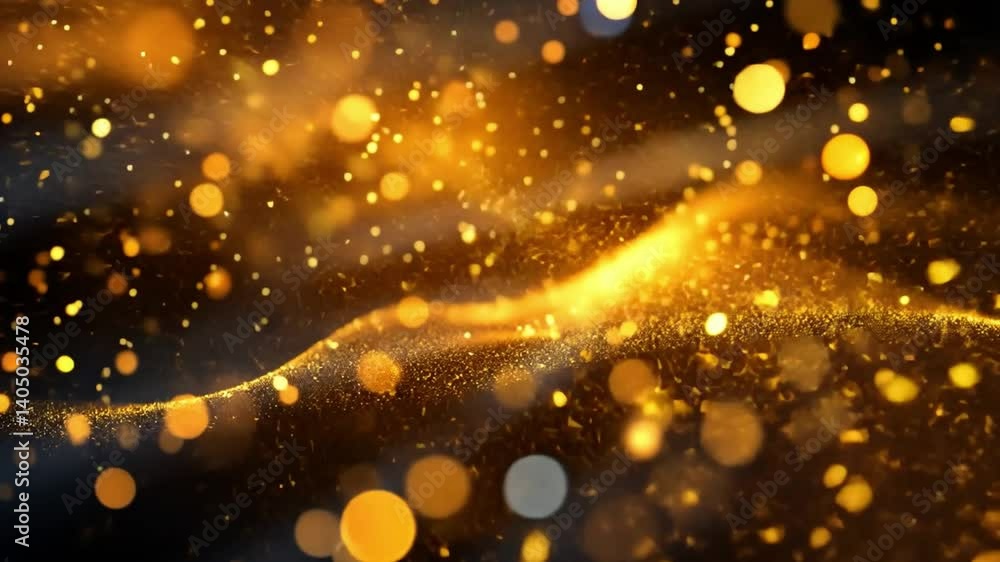 Poster golden particles shimmer in vibrant waves, creating magical atmosphere of enchantment with soft glow