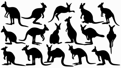 set of kangaroo silhouette vector on white background