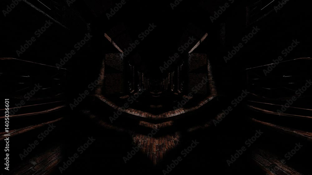 Poster endless forward movement inside dark gloomy brick tunnel with bars. 3d render looped animation
