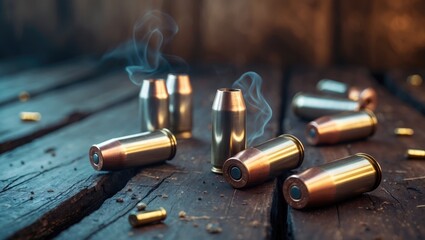 Close-up of empty spent bullet casings on the wooden floor of a house
