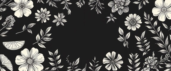 Obraz premium natural vintage sketches on black plain background for wide banner design