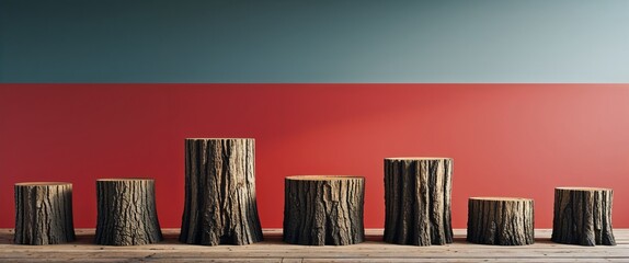 natural tree stumps on red plain background for wide banner design