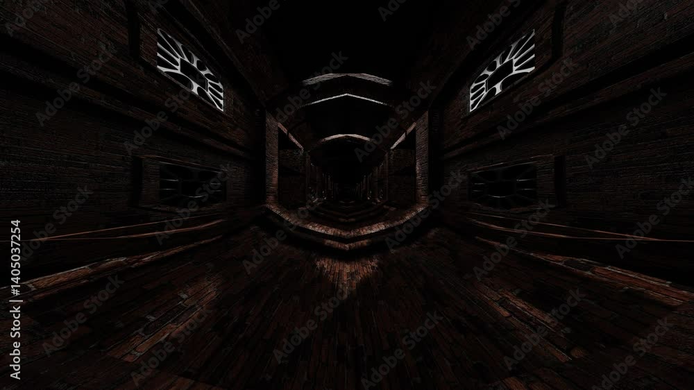 Aufkleber endless forward movement inside dark gloomy brick tunnel with bars. 3d render looped animation