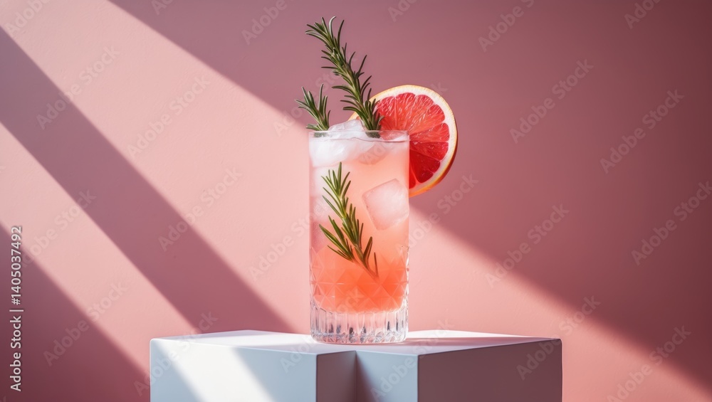 Poster revitalizing mocktail with grapefruit, rosemary, and ice in a glass set on a shadowed background. be
