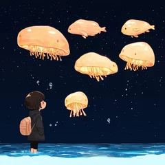 Pastel underwater world with chibi mermaid and glowing sea creatures, relaxing vibe