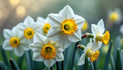 Fototapeta premium Intimate view of white, yellow, and red flowers flowering against a nature background