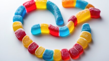 Mixed colorful gummy sweets. Top-down view. Jelly donuts. Gummy bears. Separated on a background.