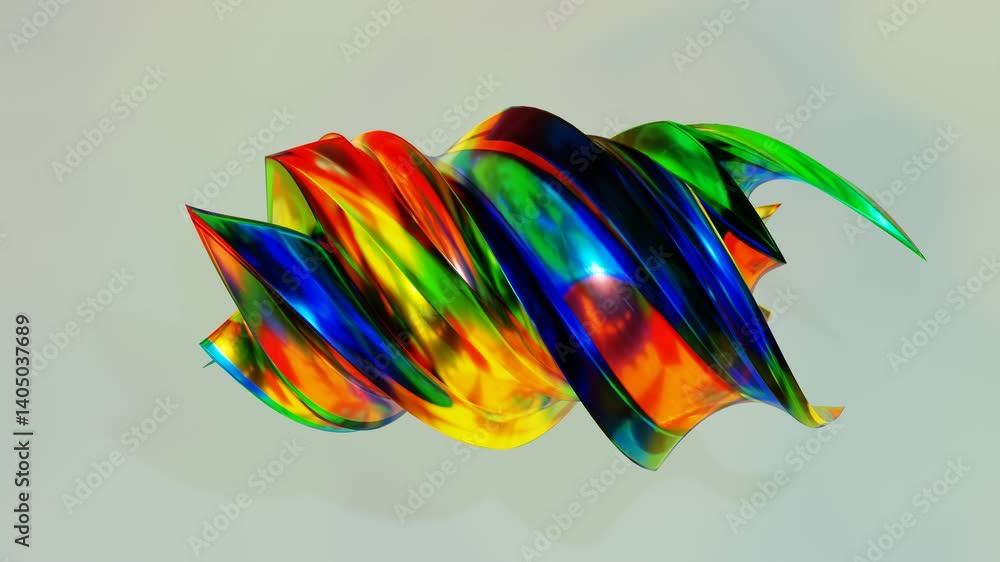 Poster abstract glossy 3d multicolored twisted spiral figure rotates on gray background. 3d render looped a