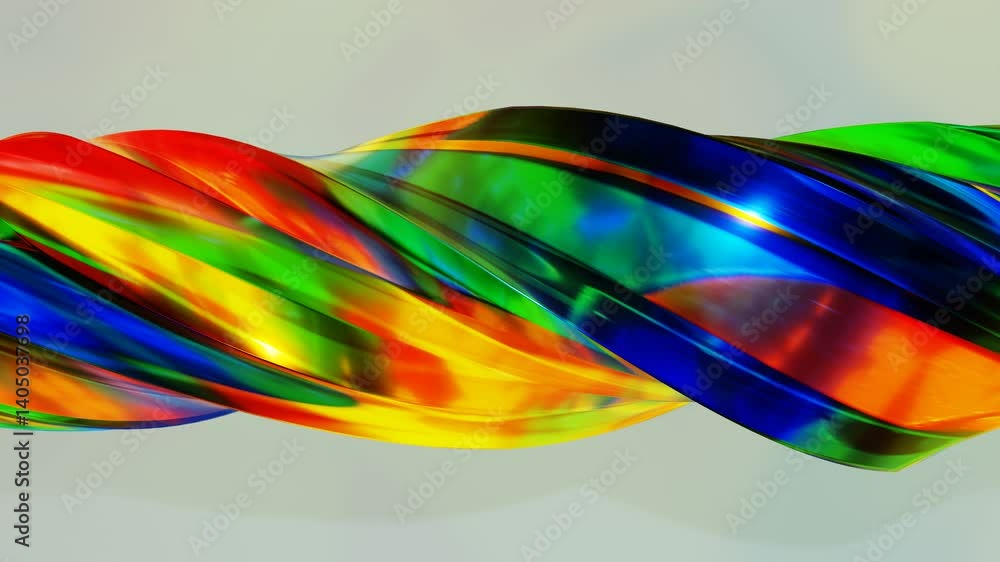 Poster abstract glossy 3d multicolored twisted spiral figure rotates on gray background. 3d render looped a