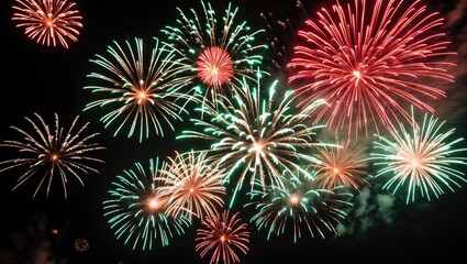 Stunning vibrant holiday fireworks lighting up the night sky.