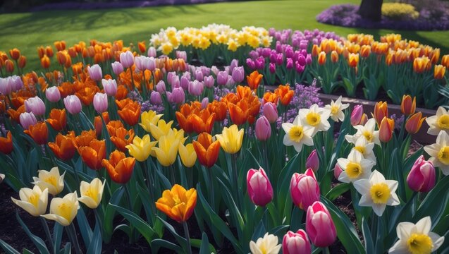 Top-down perspective of a garden bed adorned with spring flowers such as tulips and daffodils. Colorful floral scenery