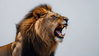 Isolated on white, male lion showing aggression by roaring and baring his canines