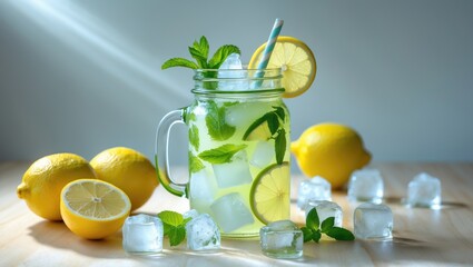 Fototapeta premium Chilled lemonade served in a stylish glass with a straw, with lemons nearby.