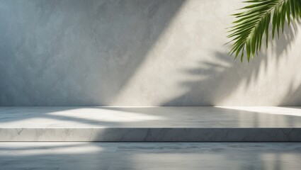 Luxury Backdrop Featuring an Empty Grey Marble Stone Floor and Wall Room with Granite Texture and Shadow Leaves, Perfect for Product and Text Display