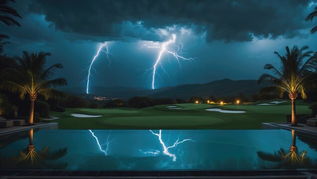 Lightning Display Over a Hotel's Swimming Pool