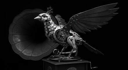 Robotic Bird with Leather Wings Perched on Gramophone