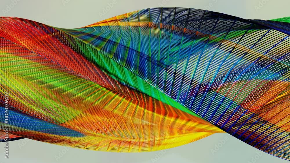 Poster abstract 3d colorful twisted spiral figure rotates on gray background. 3d render looped animation