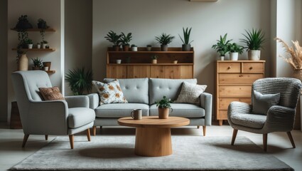 Illuminated living area with an armchair, sofa, table, and chest of drawers