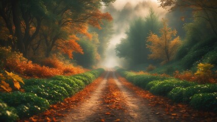 Obraz premium Misty Morning Pathway Adorned with Colorful Leaves in Autumn