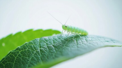 Close-up of a tiny, vibrant green insect on a leaf.