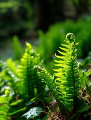 Naklejka premium Bright green fern fronds emerging in lush nature