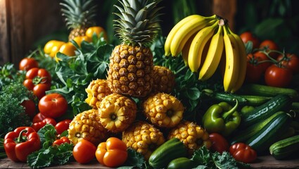 Variety of organic fresh fruits and vegetables in the background