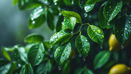 Leaves of the lemon tree. Water droplets on foliage. Cascading raindrops