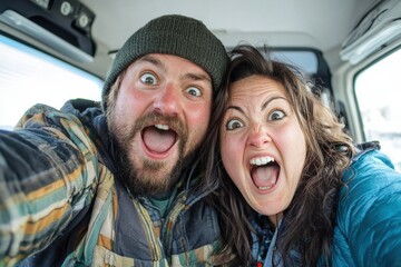 A couple making funny faces while taking selfies during an unplanned road trip