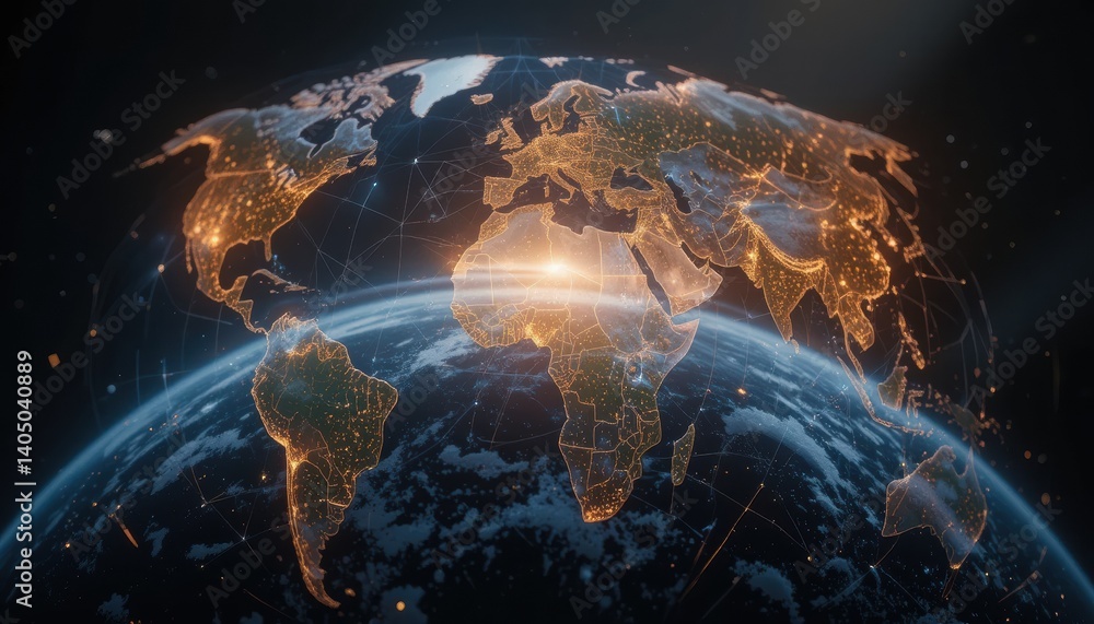 Poster global finance network 3d render of illuminated earth with financial data overlay