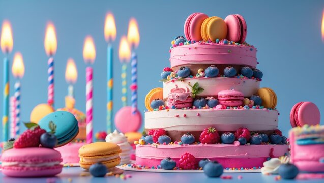 Levitation of birthday cake layers featuring berries, chocolate, macarons, pink cream, and celebratory candles behind. Cake in freeze motion. - Powered by Adobe