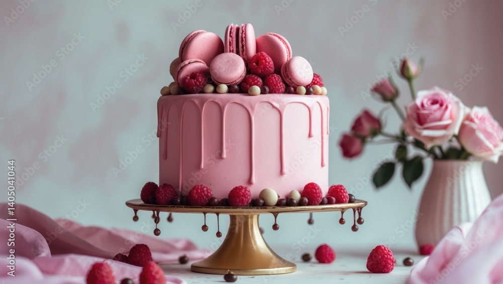 Poster lofty pink cake embellished with macaroons, raspberries, and chocolate orbs on a cake stand set agai