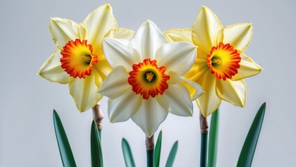 Close-Up Image of Isolated Yellow Daffodil Flowers on a White Backdrop. Extensive Depth of Field. Macro Photography. Representing Self-love and Respect.
