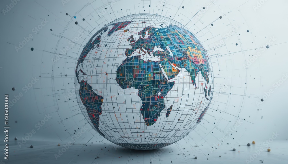 Poster global stock market visualization a 3d globe constructed from financial charts and graphs