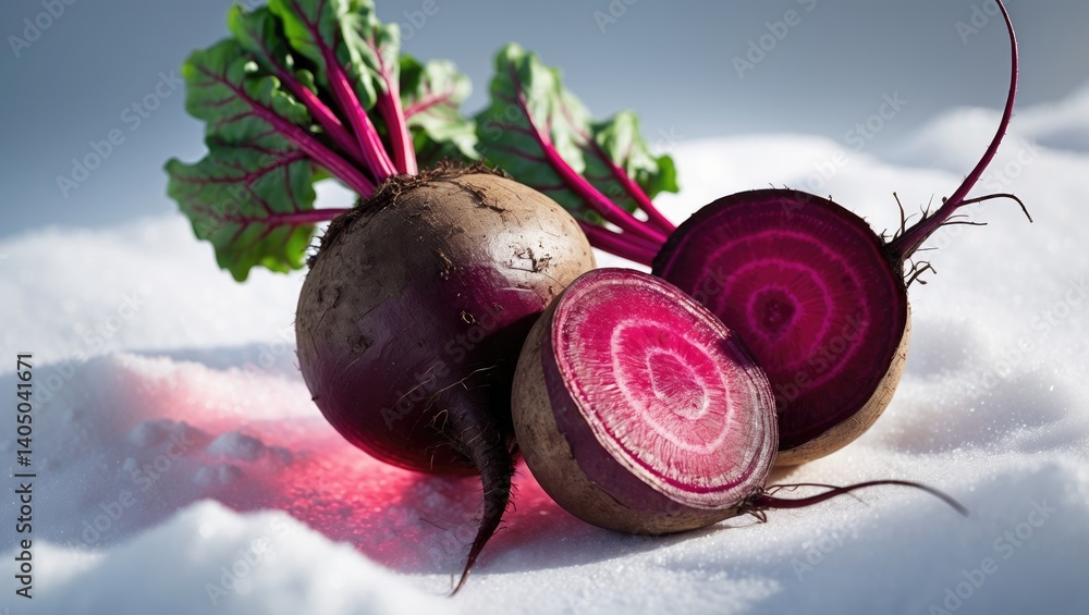 Poster beetroot in close-up view and sliced in half.