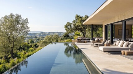 Fototapeta premium golf villa with elegant infinity pool, modern outdoor furniture and green landscaping