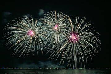 Grand Fireworks Display with Green and Pink Bursts