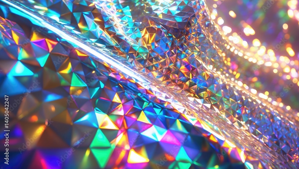 Poster close-up image of holographic foil, vibrant surface, sparkling grid design backdrop.