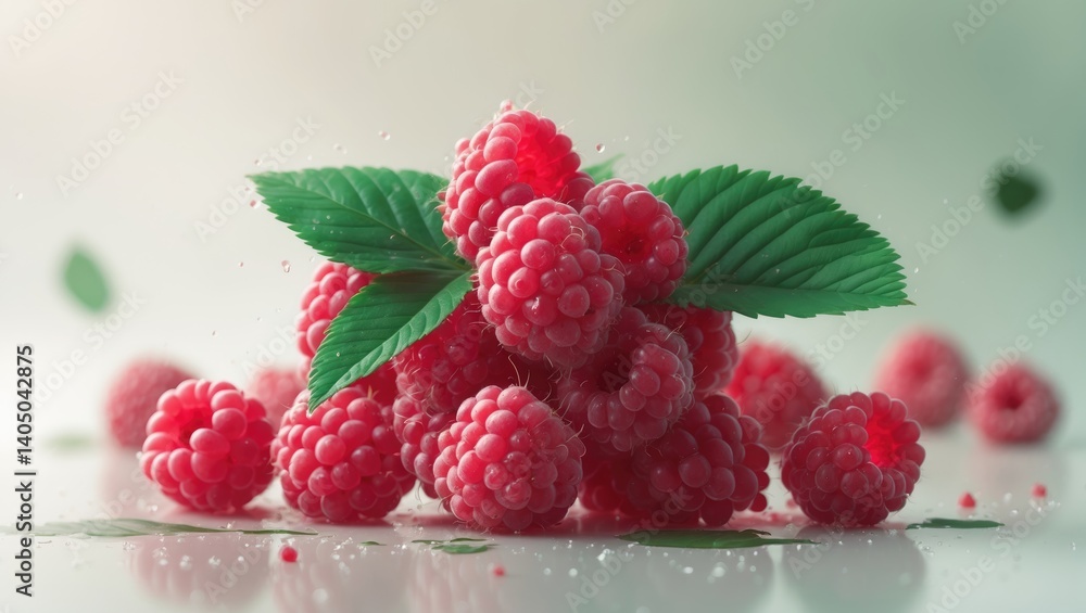 Poster raspberry branch with raspberries in close-up. set against a white backdrop.