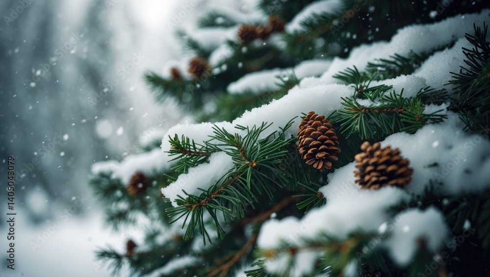 Poster an up-close perspective of evergreen limbs draped in new snow, showing pine cones peeking through th
