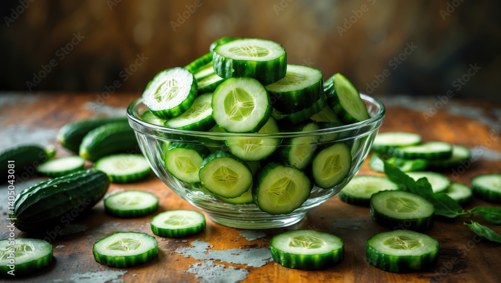 Poster Sliced fresh cucumbers in a transparent bowl on a rustic table.
