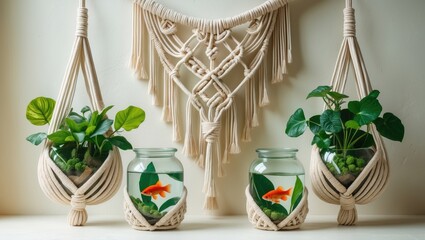 Decorative plants in water-filled bottles are suspended on the house wall with white woven ropes as wall decor, featuring betta fish in the bottles.