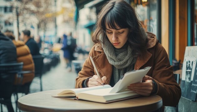 Focused young woman taking notes outdoors at a cafe.