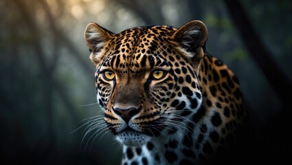 Fototapeta premium Portrait of a Leopard Against a Black Background