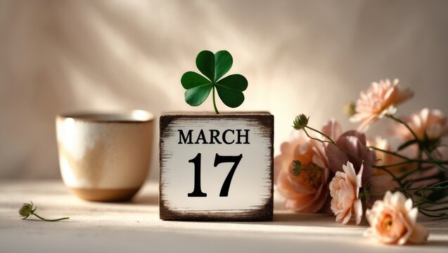Green clover alongside a wooden block calendar