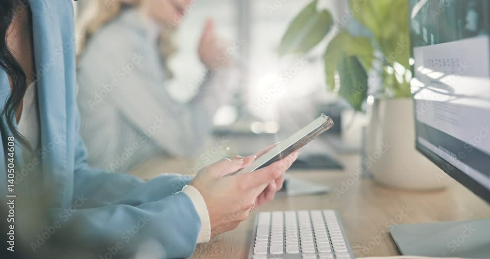 Aufkleber browsing, hands and employee with smartphone, office and networking with contact, online and social 