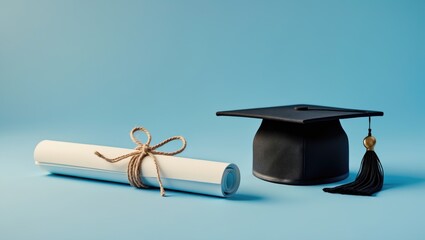 Graduation cap alongside diploma on a backdrop